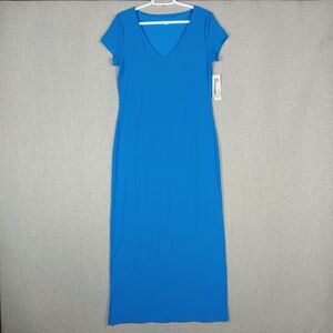 No Boundaries Bodycon Maxi Dress Womens Large Blue Cap Sleeves V-neck Stretch